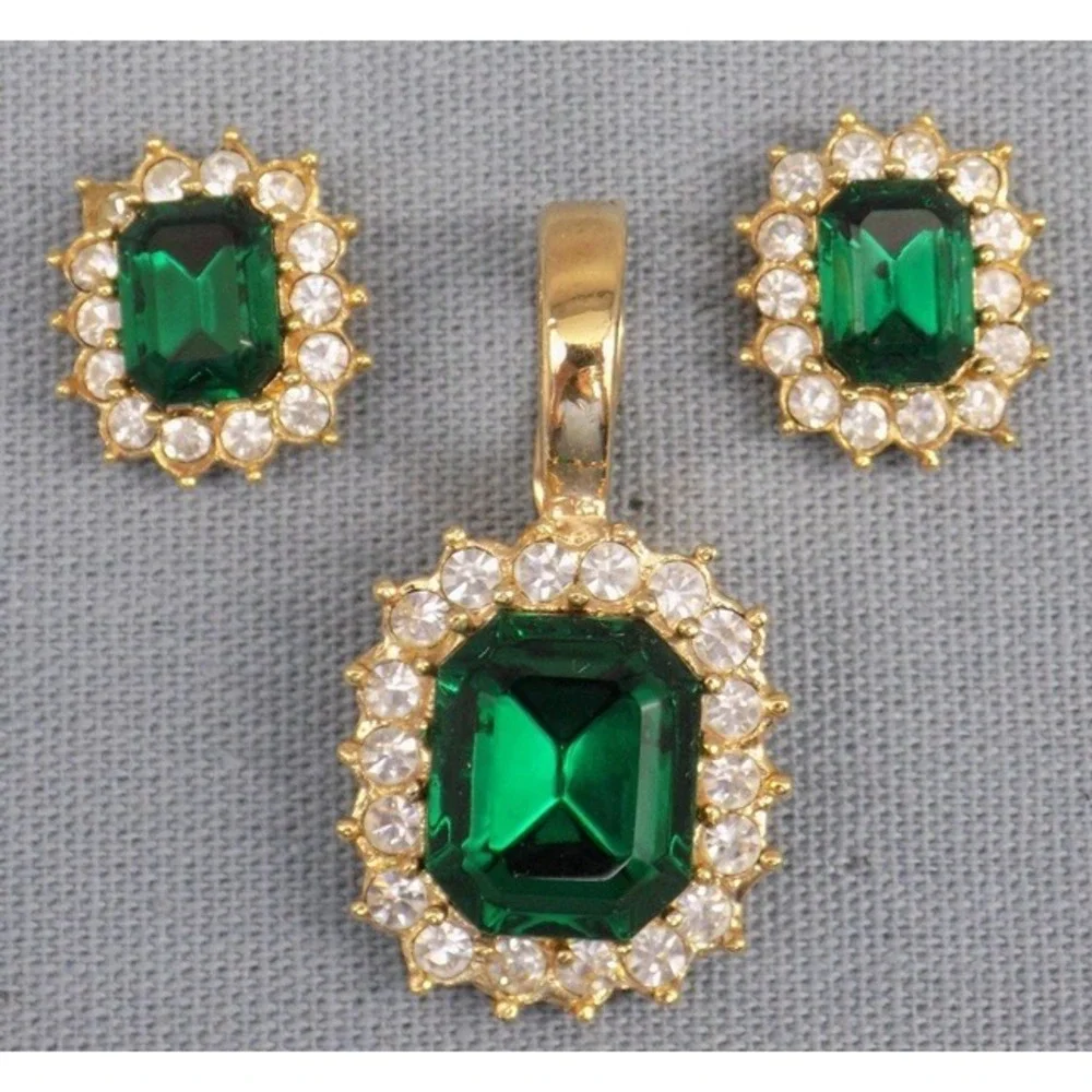 Roman Emerald Green & Clear CZ Signed Pendant & Pierced Earrings Set Rhinestone